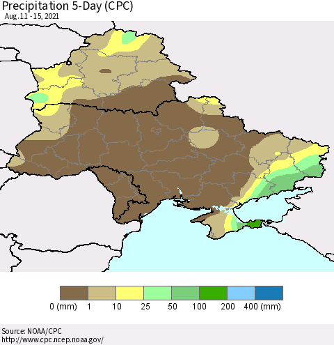 Ukraine, Moldova and Belarus Precipitation 5-Day (CPC) Thematic Map For 8/11/2021 - 8/15/2021