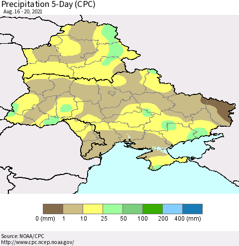 Ukraine, Moldova and Belarus Precipitation 5-Day (CPC) Thematic Map For 8/16/2021 - 8/20/2021