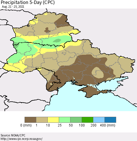 Ukraine, Moldova and Belarus Precipitation 5-Day (CPC) Thematic Map For 8/21/2021 - 8/25/2021