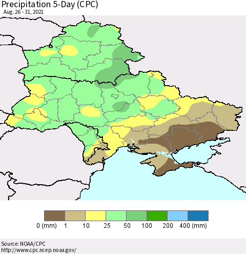 Ukraine, Moldova and Belarus Precipitation 5-Day (CPC) Thematic Map For 8/26/2021 - 8/31/2021