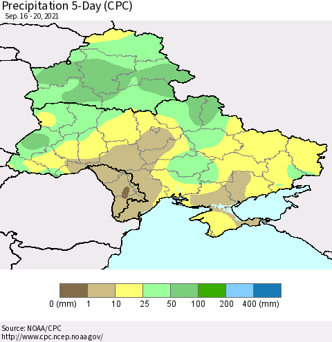 Ukraine, Moldova and Belarus Precipitation 5-Day (CPC) Thematic Map For 9/16/2021 - 9/20/2021
