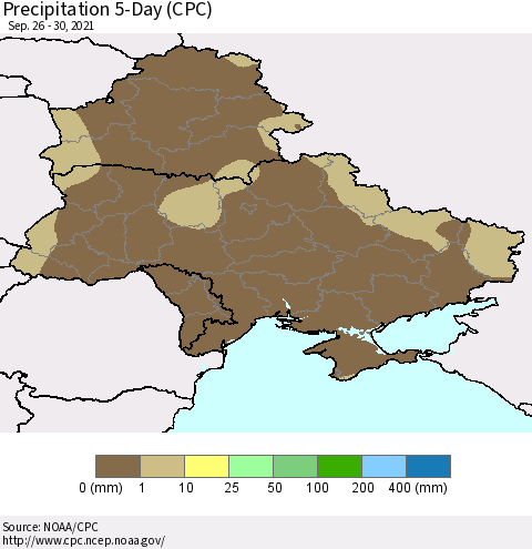 Ukraine, Moldova and Belarus Precipitation 5-Day (CPC) Thematic Map For 9/26/2021 - 9/30/2021