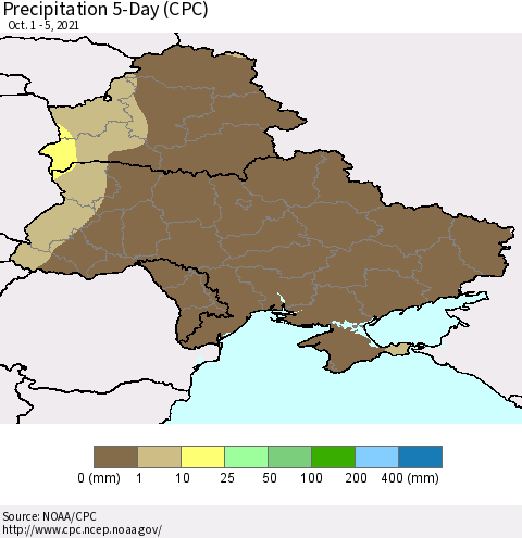 Ukraine, Moldova and Belarus Precipitation 5-Day (CPC) Thematic Map For 10/1/2021 - 10/5/2021