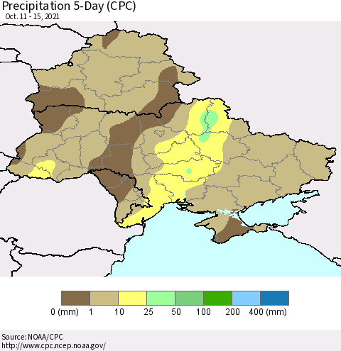 Ukraine, Moldova and Belarus Precipitation 5-Day (CPC) Thematic Map For 10/11/2021 - 10/15/2021