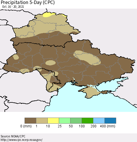Ukraine, Moldova and Belarus Precipitation 5-Day (CPC) Thematic Map For 10/16/2021 - 10/20/2021