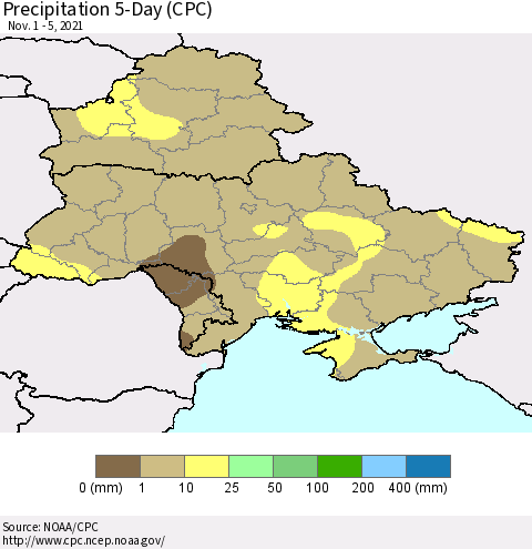 Ukraine, Moldova and Belarus Precipitation 5-Day (CPC) Thematic Map For 11/1/2021 - 11/5/2021