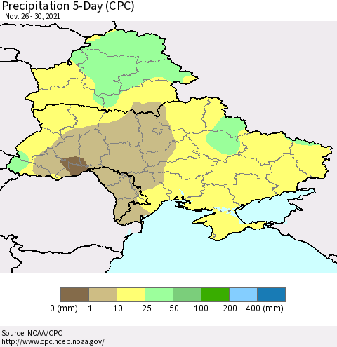 Ukraine, Moldova and Belarus Precipitation 5-Day (CPC) Thematic Map For 11/26/2021 - 11/30/2021