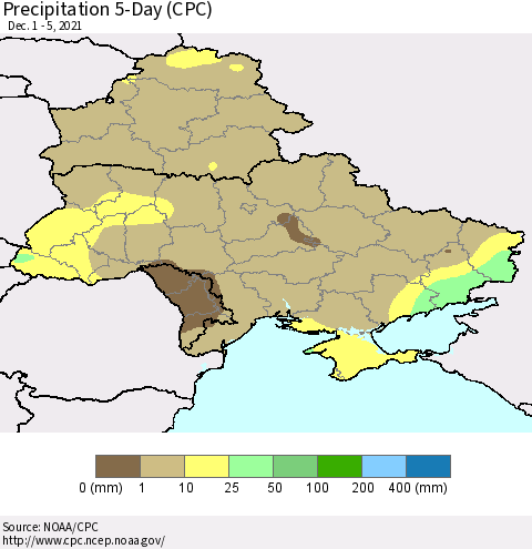 Ukraine, Moldova and Belarus Precipitation 5-Day (CPC) Thematic Map For 12/1/2021 - 12/5/2021