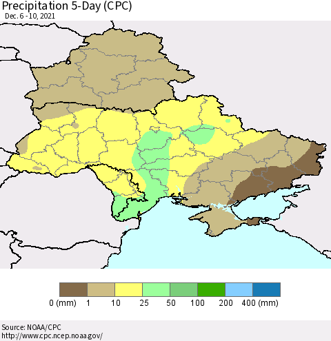 Ukraine, Moldova and Belarus Precipitation 5-Day (CPC) Thematic Map For 12/6/2021 - 12/10/2021