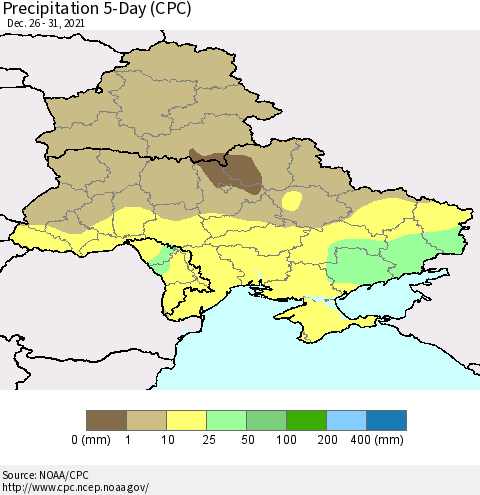 Ukraine, Moldova and Belarus Precipitation 5-Day (CPC) Thematic Map For 12/26/2021 - 12/31/2021