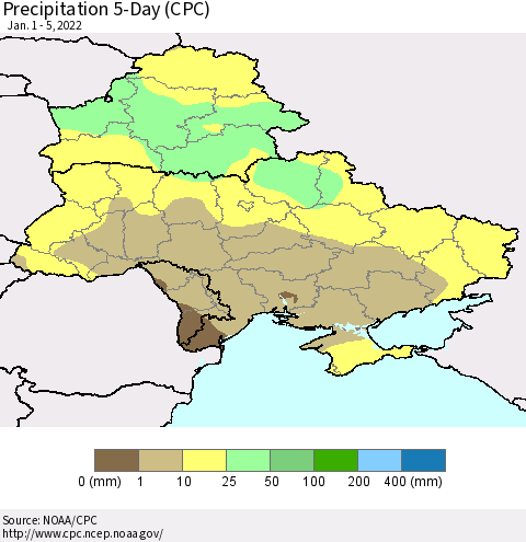 Ukraine, Moldova and Belarus Precipitation 5-Day (CPC) Thematic Map For 1/1/2022 - 1/5/2022