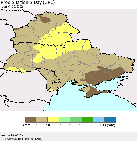 Ukraine, Moldova and Belarus Precipitation 5-Day (CPC) Thematic Map For 1/6/2022 - 1/10/2022