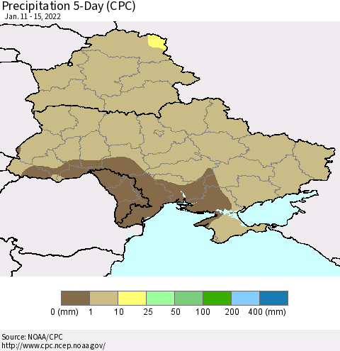 Ukraine, Moldova and Belarus Precipitation 5-Day (CPC) Thematic Map For 1/11/2022 - 1/15/2022