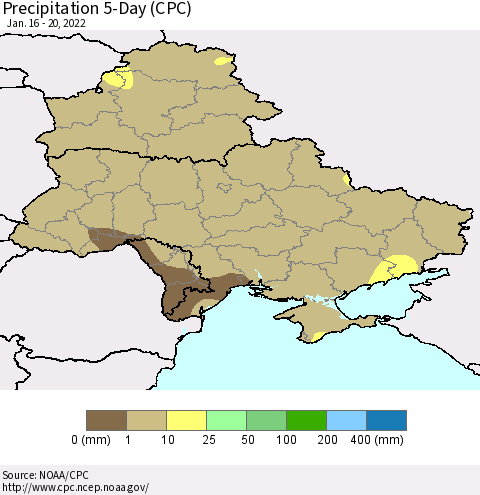 Ukraine, Moldova and Belarus Precipitation 5-Day (CPC) Thematic Map For 1/16/2022 - 1/20/2022