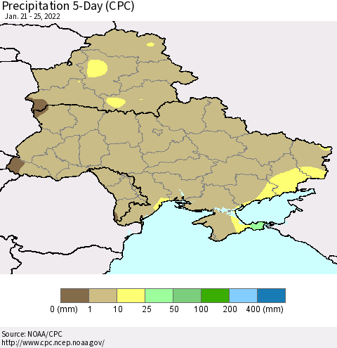 Ukraine, Moldova and Belarus Precipitation 5-Day (CPC) Thematic Map For 1/21/2022 - 1/25/2022
