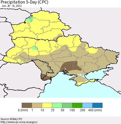 Ukraine, Moldova and Belarus Precipitation 5-Day (CPC) Thematic Map For 1/26/2022 - 1/31/2022