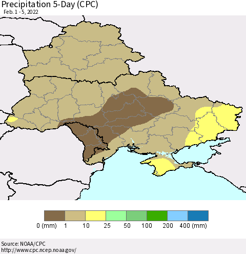 Ukraine, Moldova and Belarus Precipitation 5-Day (CPC) Thematic Map For 2/1/2022 - 2/5/2022