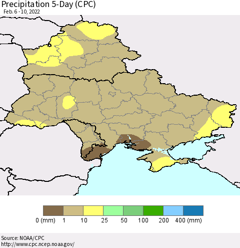 Ukraine, Moldova and Belarus Precipitation 5-Day (CPC) Thematic Map For 2/6/2022 - 2/10/2022
