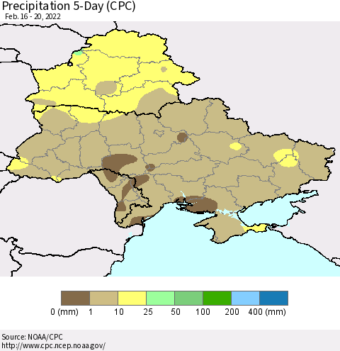 Ukraine, Moldova and Belarus Precipitation 5-Day (CPC) Thematic Map For 2/16/2022 - 2/20/2022