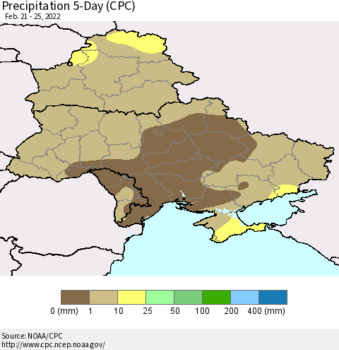 Ukraine, Moldova and Belarus Precipitation 5-Day (CPC) Thematic Map For 2/21/2022 - 2/25/2022