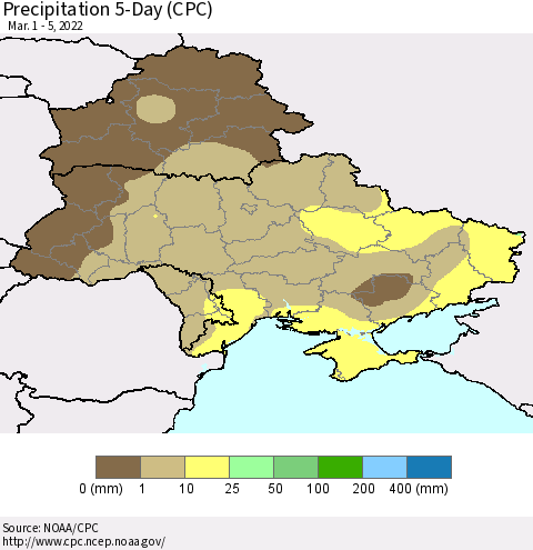 Ukraine, Moldova and Belarus Precipitation 5-Day (CPC) Thematic Map For 3/1/2022 - 3/5/2022