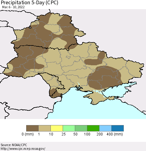 Ukraine, Moldova and Belarus Precipitation 5-Day (CPC) Thematic Map For 3/6/2022 - 3/10/2022