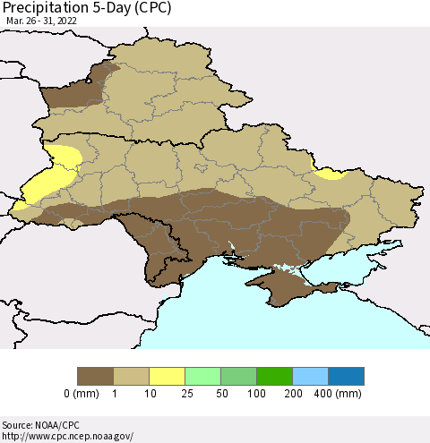 Ukraine, Moldova and Belarus Precipitation 5-Day (CPC) Thematic Map For 3/26/2022 - 3/31/2022