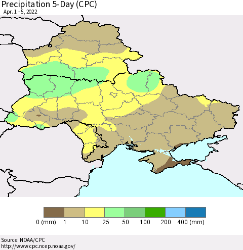 Ukraine, Moldova and Belarus Precipitation 5-Day (CPC) Thematic Map For 4/1/2022 - 4/5/2022