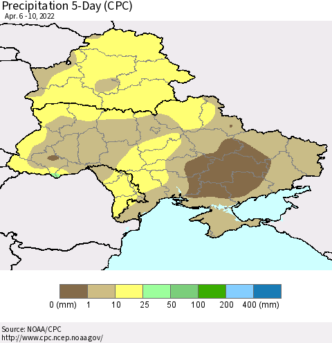 Ukraine, Moldova and Belarus Precipitation 5-Day (CPC) Thematic Map For 4/6/2022 - 4/10/2022