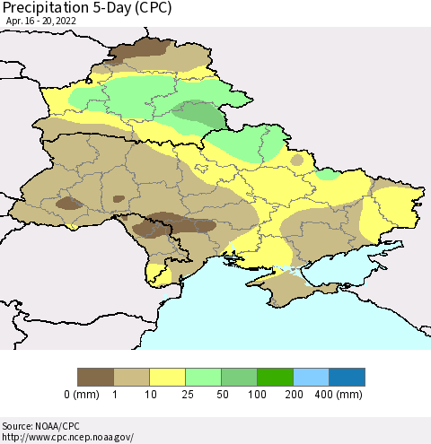 Ukraine, Moldova and Belarus Precipitation 5-Day (CPC) Thematic Map For 4/16/2022 - 4/20/2022