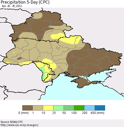 Ukraine, Moldova and Belarus Precipitation 5-Day (CPC) Thematic Map For 4/26/2022 - 4/30/2022