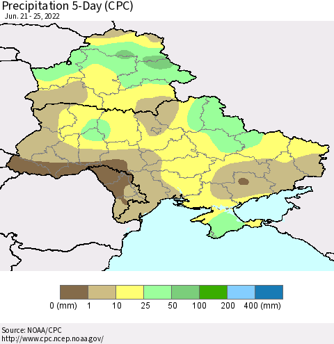 Ukraine, Moldova and Belarus Precipitation 5-Day (CPC) Thematic Map For 6/21/2022 - 6/25/2022