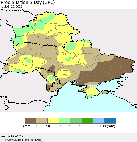 Ukraine, Moldova and Belarus Precipitation 5-Day (CPC) Thematic Map For 7/6/2022 - 7/10/2022