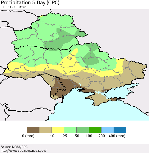 Ukraine, Moldova and Belarus Precipitation 5-Day (CPC) Thematic Map For 7/11/2022 - 7/15/2022