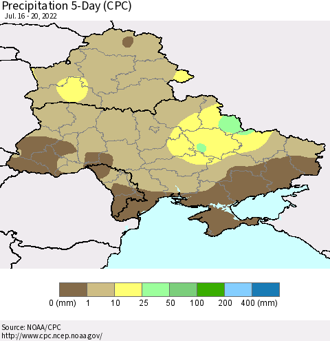 Ukraine, Moldova and Belarus Precipitation 5-Day (CPC) Thematic Map For 7/16/2022 - 7/20/2022