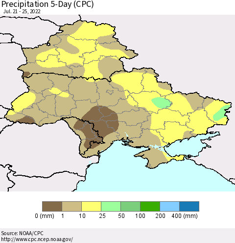 Ukraine, Moldova and Belarus Precipitation 5-Day (CPC) Thematic Map For 7/21/2022 - 7/25/2022