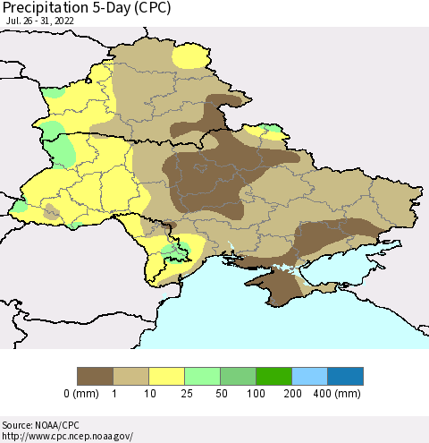Ukraine, Moldova and Belarus Precipitation 5-Day (CPC) Thematic Map For 7/26/2022 - 7/31/2022