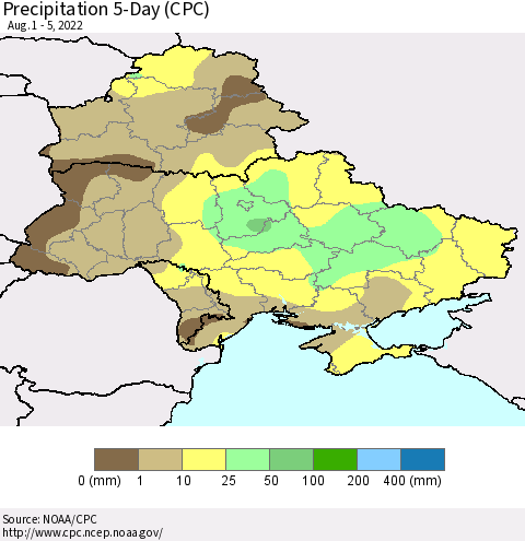 Ukraine, Moldova and Belarus Precipitation 5-Day (CPC) Thematic Map For 8/1/2022 - 8/5/2022