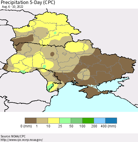 Ukraine, Moldova and Belarus Precipitation 5-Day (CPC) Thematic Map For 8/6/2022 - 8/10/2022