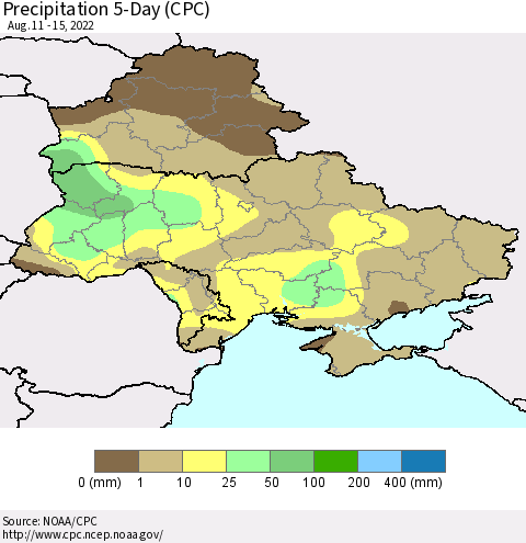 Ukraine, Moldova and Belarus Precipitation 5-Day (CPC) Thematic Map For 8/11/2022 - 8/15/2022