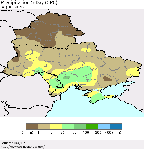 Ukraine, Moldova and Belarus Precipitation 5-Day (CPC) Thematic Map For 8/16/2022 - 8/20/2022