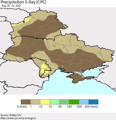 Ukraine, Moldova and Belarus Precipitation 5-Day (CPC) Thematic Map For 8/26/2022 - 8/31/2022