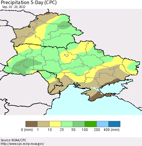 Ukraine, Moldova and Belarus Precipitation 5-Day (CPC) Thematic Map For 9/16/2022 - 9/20/2022