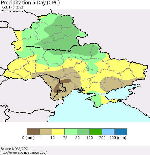 Ukraine, Moldova and Belarus Precipitation 5-Day (CPC) Thematic Map For 10/1/2022 - 10/5/2022