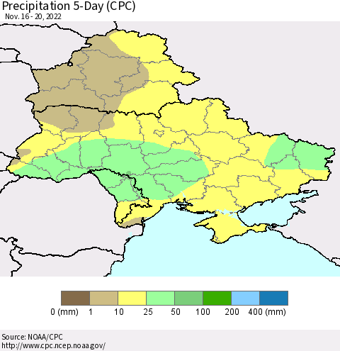 Ukraine, Moldova and Belarus Precipitation 5-Day (CPC) Thematic Map For 11/16/2022 - 11/20/2022