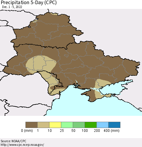Ukraine, Moldova and Belarus Precipitation 5-Day (CPC) Thematic Map For 12/1/2022 - 12/5/2022