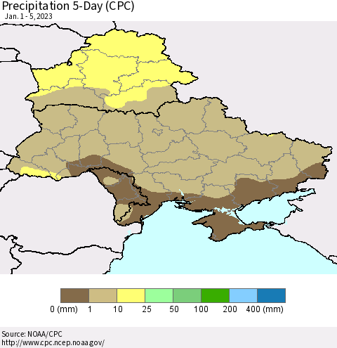 Ukraine, Moldova and Belarus Precipitation 5-Day (CPC) Thematic Map For 1/1/2023 - 1/5/2023