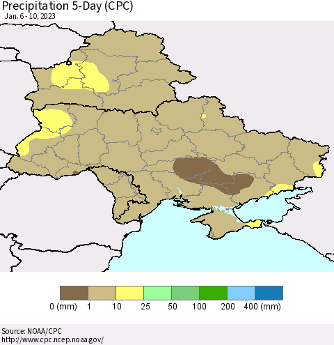 Ukraine, Moldova and Belarus Precipitation 5-Day (CPC) Thematic Map For 1/6/2023 - 1/10/2023