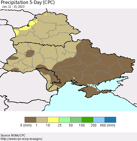 Ukraine, Moldova and Belarus Precipitation 5-Day (CPC) Thematic Map For 1/11/2023 - 1/15/2023