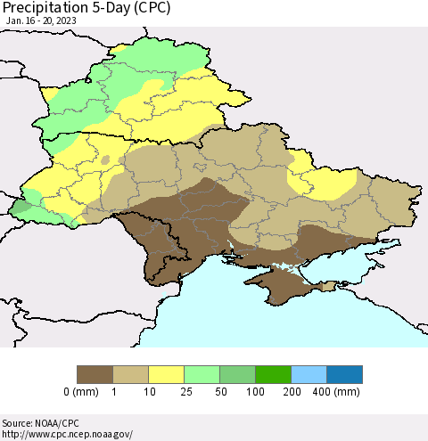 Ukraine, Moldova and Belarus Precipitation 5-Day (CPC) Thematic Map For 1/16/2023 - 1/20/2023